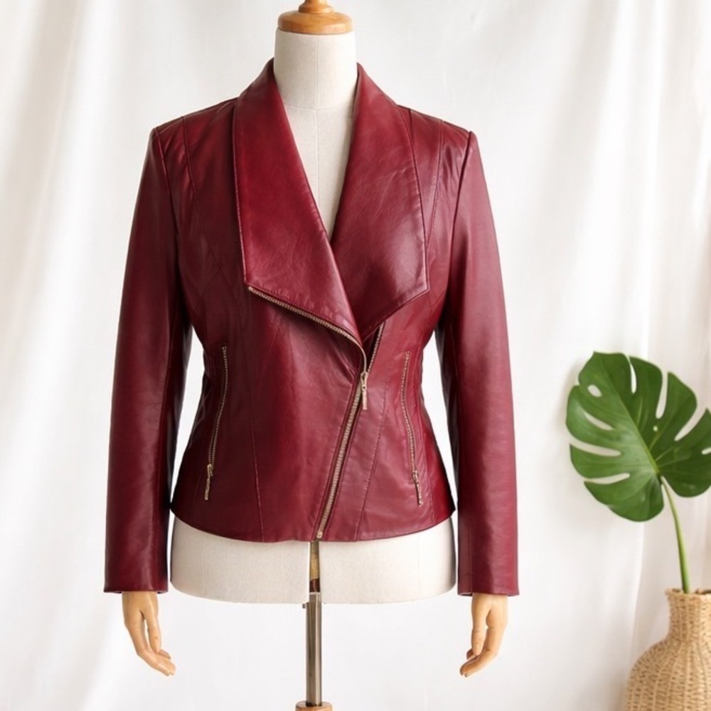 IMAN Global Chic Womens Burgundy Genuine Leather Asymmetrical Zip Jacket Size M